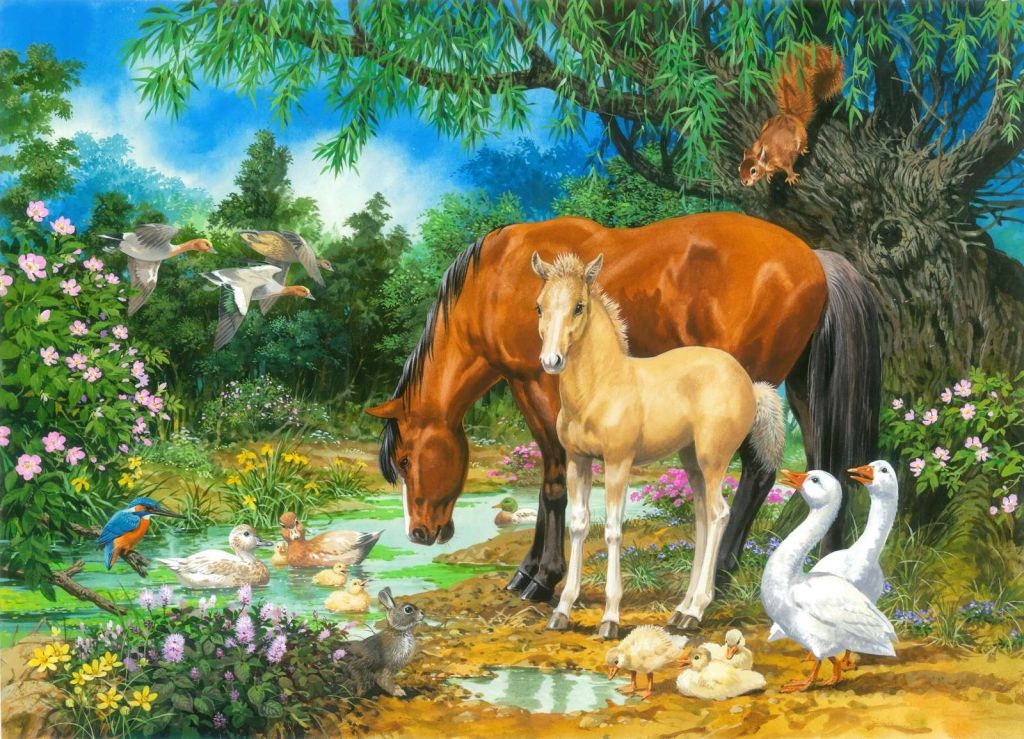 Foal and Mare by the Stream